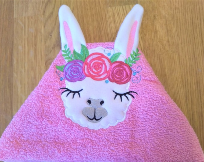 HOODED TOWELS llama with roses crown  hooded towel topper machine embroidery design head ears crown ITH in the hoop dimensional  applique