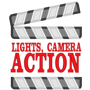 Lights, Camera, Action movie maker Applique machine embroidery design in multiple sizes and embroidery formats, movie board INSTANT DOWNLOAD