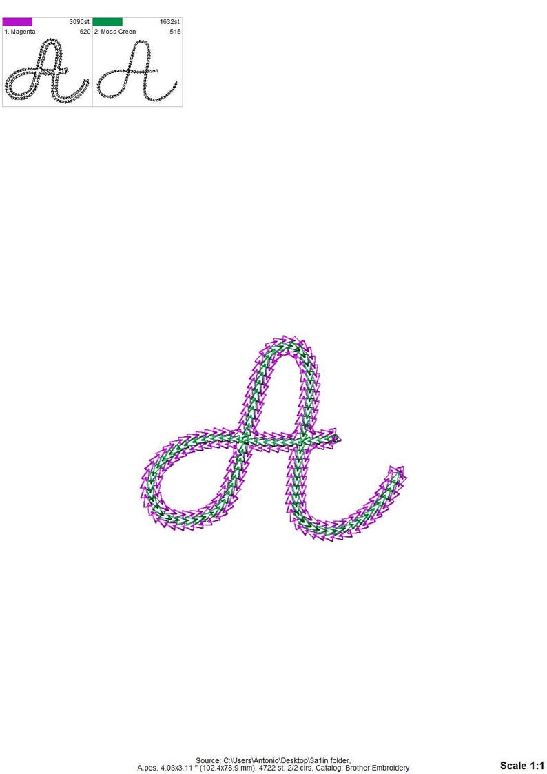 Puede incluir: Una letra "A" bordada en cursiva, con detalles en magenta y verde musgo. El dise&ntilde;o est&aacute; compuesto por peque&ntilde;as formas repetidas, dando un aspecto texturizado. La letra mide aproximadamente 10,24 cm x 7,89 mm.