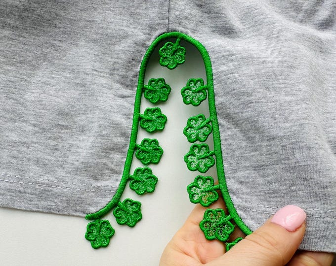 St Patricks Day Shamrock Clover FSL split seam side bow machine embroidery designs freestanding lace charm Flower girls t-shirt sweatshirt