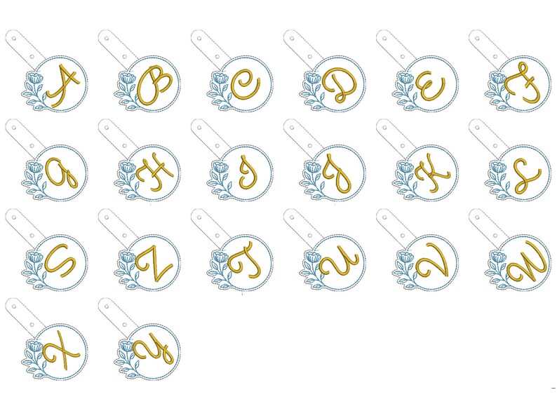 May include: Set of 26 alphabet letter embroidery designs featuring a gold letter with a blue floral design in a circle. Each letter is on a separate white background.