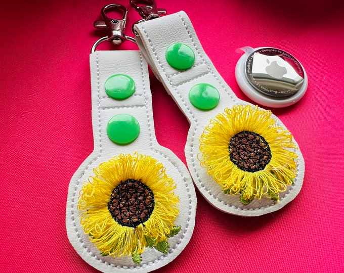 Sunflower fringed Airtag holder tab bag Special DiY Key Snap Tab & eyelet in the hoop machine embroidery designs ITH project backpack tag