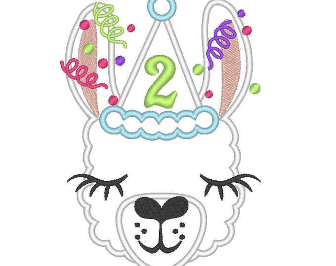 Number 2 TWO birthday Llama alpaca Birthday hat outfit llama with number Applique Design lama machine embroidery designs 4x4 5x7 6x10