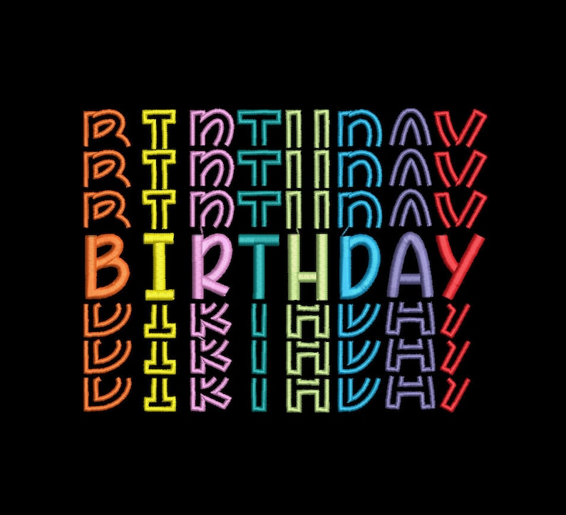 May include: A colorful graphic design with the word "BIRTHDAY" in rainbow colors. The word is repeated multiple times in different colors and sizes.