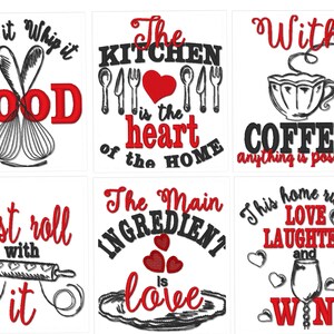 K&ouml;nnte beinhalten: Sechs Schilder zum Thema K&uuml;che mit schwarzem und rotem Text und Illustrationen. Die Schilder sagen "Whip it Whip it Good", "The Kitchen is the Heart of the Home", "With Coffee Anything is Possible", "Just Roll With It", "The Main Ingredient is Love", und "This Home Runs on Love Laughter and Wine".