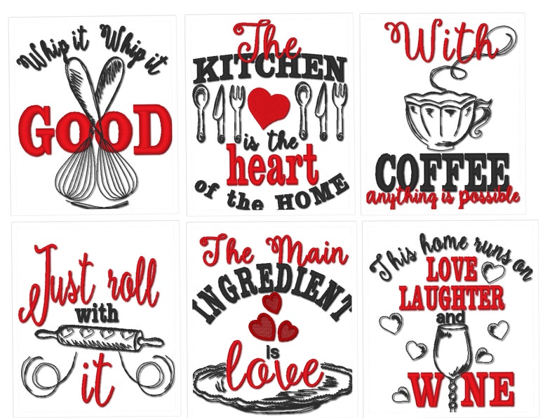 K&ouml;nnte beinhalten: Sechs Schilder zum Thema K&uuml;che mit schwarzem und rotem Text und Illustrationen. Die Schilder sagen "Whip it Whip it Good", "The Kitchen is the Heart of the Home", "With Coffee Anything is Possible", "Just Roll With It", "The Main Ingredient is Love", und "This Home Runs on Love Laughter and Wine".