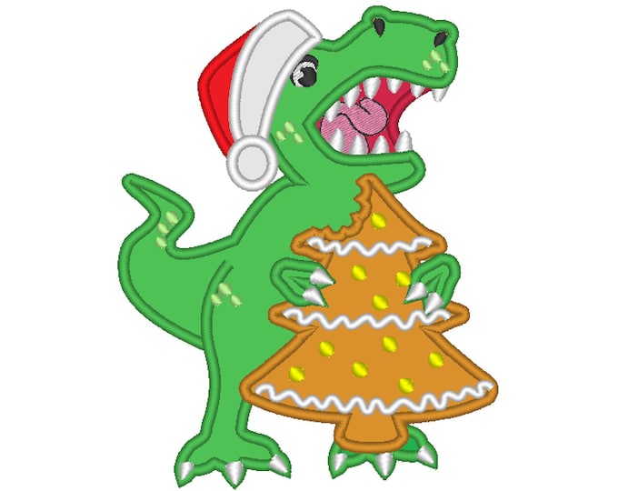 Bitten Christmas tree gingerbread and T-rex Christmas dinosaur Santa hat machine applique designs assorted sizes, for hoops 4x4, 5x7, 6x10