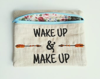 Wake up & Make-up-Kosmetiktasche, Tasche, ITH, Tasche, Reißverschlusstasche, In-The-Hoop-Maschinenstickereidesigns In-The-Hoop 5x7 6x10 und Make-up-Reißverschlusstasche