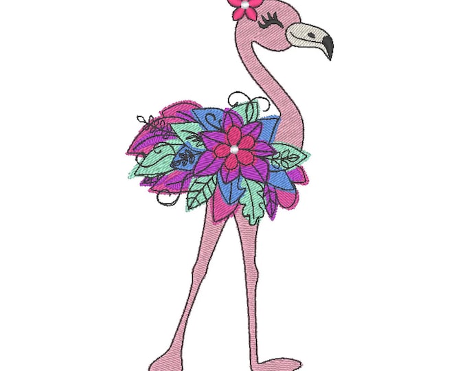 Watercolor effect Floral Flamingo fill stitch machine embroidery designs for hoop 5x7, 6x10 pretty eyes cute Flamingo summer girl bouquet