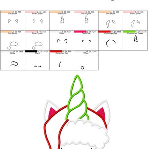 May include: A white unicorn wearing a red and white Santa hat with a green spiral horn. The unicorn's eyes are closed and the design is for embroidery.
