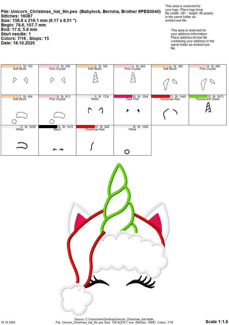 May include: A white unicorn wearing a red and white Santa hat with a green spiral horn. The unicorn's eyes are closed and the design is for embroidery.