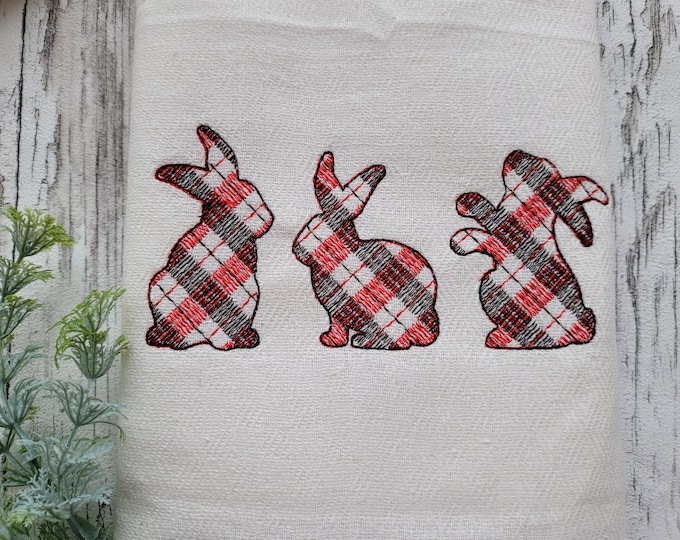 Gingham tartan plaid buffalo stitch Easter bunny, Easter bunnies in a row, sketch stitch outline Machine embroidery designs in many sizes