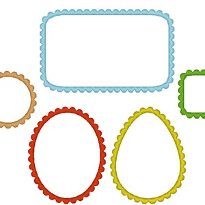 May include: Five different scalloped frames in various colors. The frames are all empty and ready to be filled with text or images.