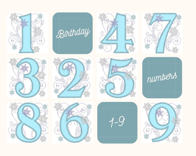 Frozen Swirls Birthday Numbers whole set from 1 up to 9 with wide pearl stitch outline machine embroidery applique designs for hoop 4x4, 5x7