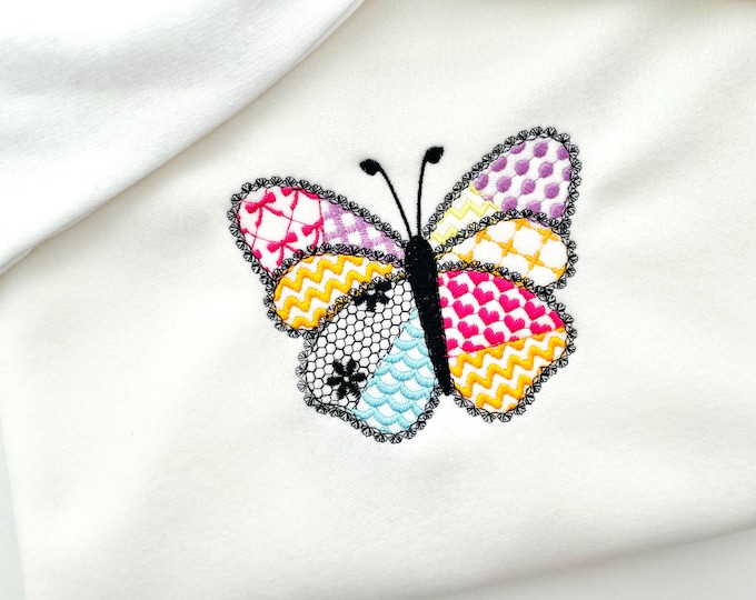 Awesome Patchwork Butterfly Emily with lace edge Wings girly girls outfit sweet home patterned machine embroidery designs sizes 3 up to 7 in