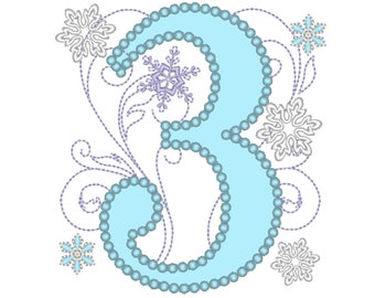 Frozen Swirls Birthday Number THREE 3 with wide pearl stitch machine embroidery applique design for hoops 4x4, 5x7 INSTANT DOWNLOAD