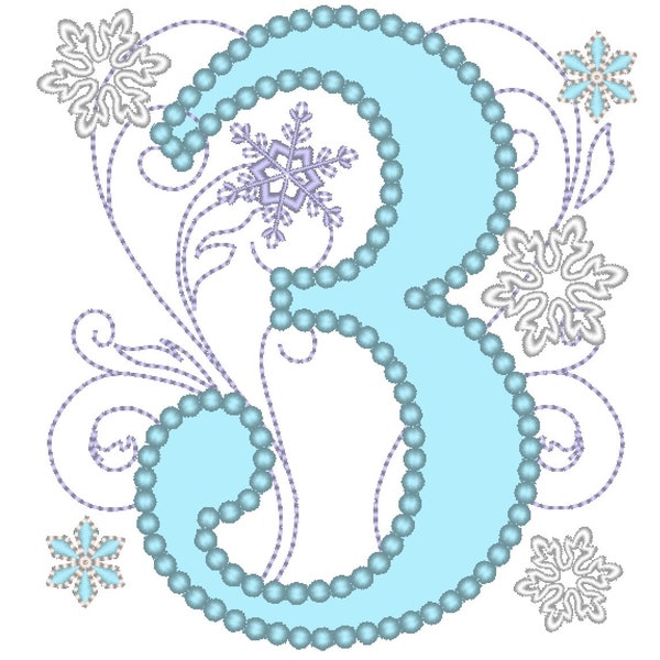 Frozen Swirls Birthday Number THREE 3 with wide pearl stitch machine embroidery applique design for hoops 4x4, 5x7 INSTANT DOWNLOAD