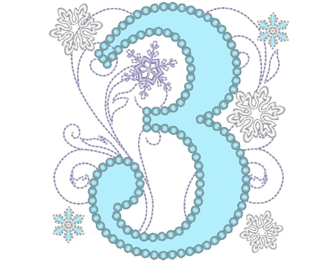 Frozen Swirls Birthday Number THREE 3 with wide pearl stitch machine embroidery applique design for hoops 4x4, 5x7 INSTANT DOWNLOAD