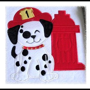 Dalmatiner Welpe in Uni und mit Feuerwehrhut und Hydrant, Maschinenstickerei Applikation Designs Dateien separat in Hoop 4x4, 5x7 und 6x10
