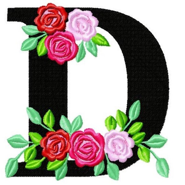 Roses floral Individual letter D garden flag monogram roses crown flowers flower Font machine embroidery design 2, 3, 4, 5, 6, 7, 8 in