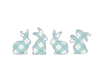 Gingham Tartan buffalo plaid Easter bunny 4 bunnies in a row sketch stitch outline Machine embroidery designs many sizes bunny silhouette