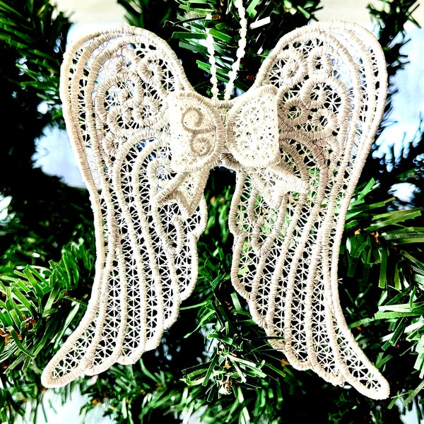 Angel wings and Bow FSL freestanding lace Artapli original bow hanger Christmas tree decoration ornament machine embroidery designs SET of 2