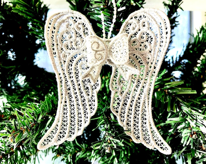 Angel wings and Bow FSL freestanding lace Artapli original bow hanger Christmas tree decoration ornament machine embroidery designs SET of 2