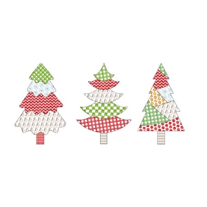 May include: Three stylised Christmas tree illustrations featuring various geometric patterns including green gingham, red chevron, white snowflake prints, and red polka dots. Each tree is composed of stacked, layered segments with distinct textures and colours.