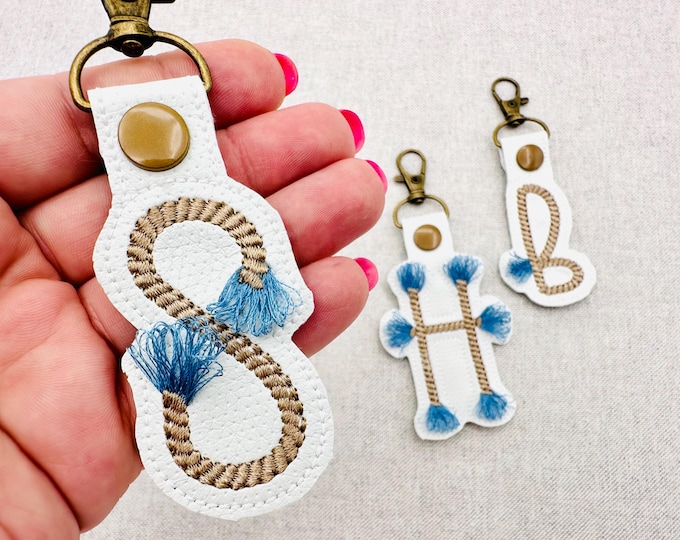 Rope stitch with fringed Tassel Eyelet and Key Fob Snap Tab Monogram in the hoop ITH keychain bag tag machine embroidery designs 4x4 5x7
