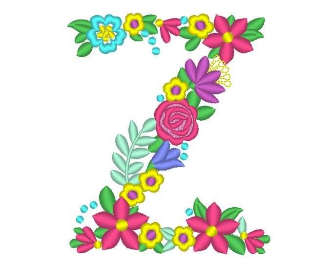 Floral letter Z garden flag monogram liberty fashioned flowers flower Font machine embroidery designs monogram Z only 4, 5, 6 and 8 in