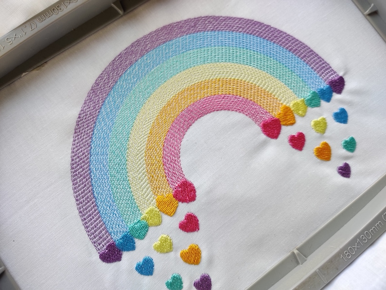 Light stitching light stitch rainbow in many sizes, Rainbow falling hearts machine embroidery designs from 2 to 8 inches kids baby outfit by Artapli embroidery formats PES HUS JEF EXP DST VIP VP3 XXX instant download