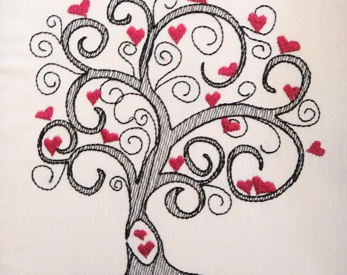Love Tree with Heart swirl curl Valentine Day Lovely Tree sketch stitch machine embroidery designs sizes for hoop 4x4, 5x7, 6x10