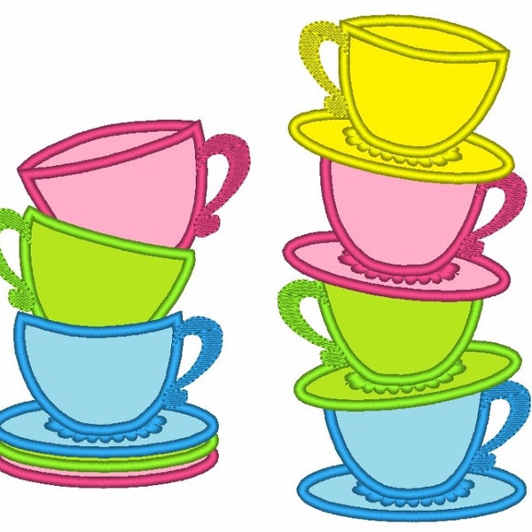 Three and four stacked teacups SET of 4 types Stack of teacups Tea party Alice in Wonderland teacup applique machine embroidery designs