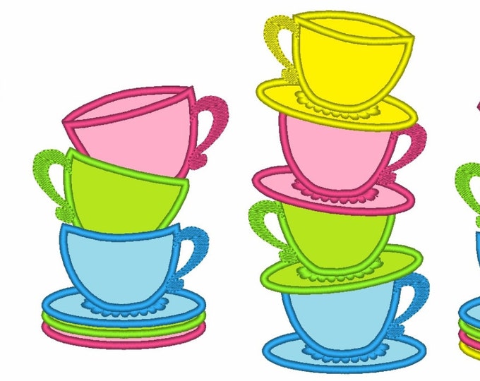 Three and four stacked teacups SET of 4 types Stack of teacups Tea party Alice in Wonderland teacup applique machine embroidery designs