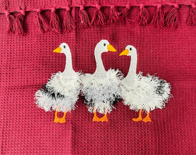 Fringed fluffy chenille Goose Trio farm bird animal machine embroidery designs awesome duck bird fringe ITH in the hoop sizes 5, 6, 7, 8inch