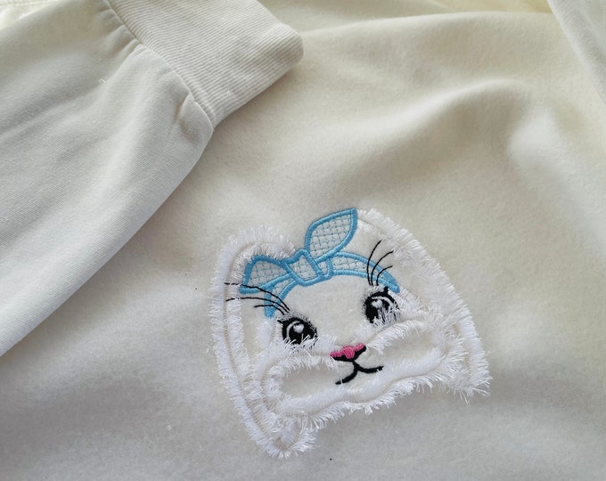 Mini small Bunny face bandanna Fringed Fluffy cute gingham bow Easter Bunny machine embroidery design fringe in the hoop ITH project