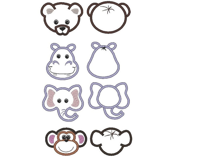 Bear, Monkey, Elephant, Hippo baby wild animals front and rear view single separate designs Set of 4 applique machine embroidery designs