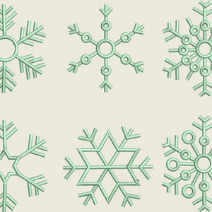 Puede incluir: Seis diseños diferentes de copos de nieve en color verde claro. Los copos de nieve son todos simétricos y tienen una variedad de patrones.