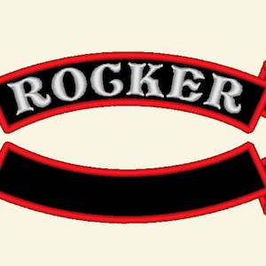 May include: Two black and red embroidered patches. The top patch has the word "ROCKER" in white lettering. The bottom patch is blank.