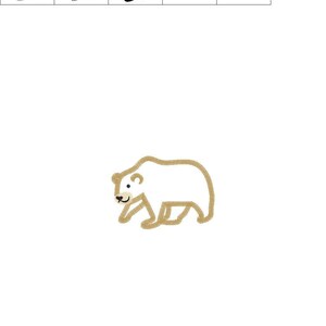 May include: A brown outline of a walking bear with a white interior. The bear has a small, white nose and two small, black eyes.