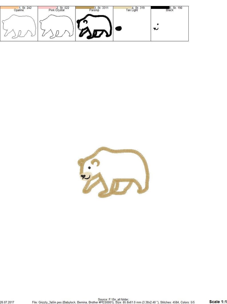May include: A brown outline of a walking bear with a white interior. The bear has a small, white nose and two small, black eyes.