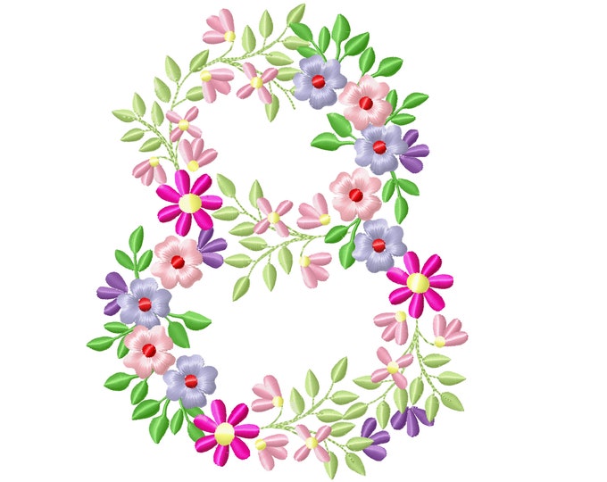 Country Floral birthday number 8 farm flowers number flowered Font machine embroidery designs number 8 EIGHT only 3.5, 4, 5, 6, 7, 8in