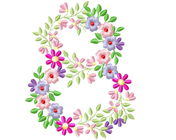 Country Floral birthday number 8 farm flowers number flowered Font machine embroidery designs number 8 EIGHT only 3.5, 4, 5, 6, 7, 8in