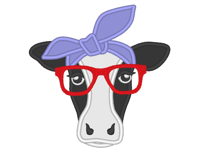 Cow face, cow head, cow with bandanna and glasses, farm animal heifer cow applique cute farm theme applique machine embroidery designs