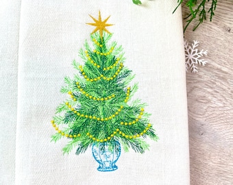 Vintage old fashioned Chinoiseries garland Christmas tree with star ornament machine embroidery designs in assorted sizes 4, 5, 6, 7, 8 inch