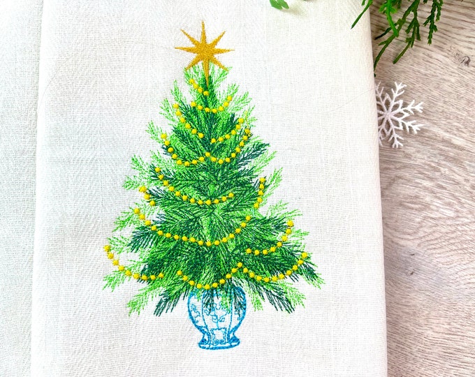 Vintage old fashioned Chinoiseries garland Christmas tree with star ornament machine embroidery designs in assorted sizes 4, 5, 6, 7, 8 inch