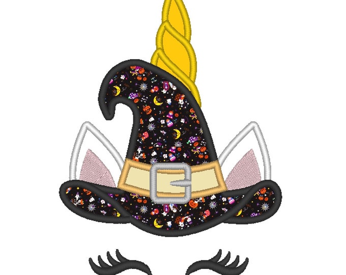 Witch hat Halloween Unicorn head  applique machine embroidery designs Rainbow unicorn face fall