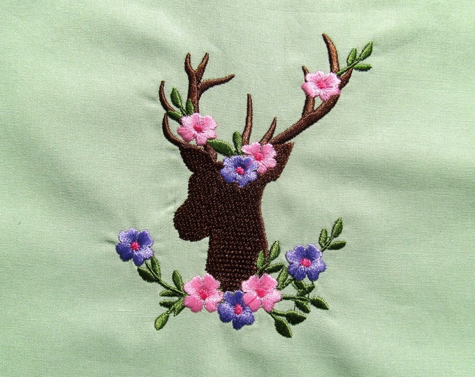 Deer Silhouette with leaves and flowers Machine embroidery designs for hoop 4x4, 5x7 INSTANT DOWNLOAD buck floral antlers flower portrait