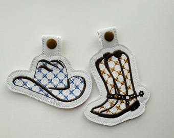 Classy Cowgirl Cowboy Boots and Hat Eyelet and key fob snap tab keychain in the hoop machine embroidery designs ITH Farm patterned gift idea