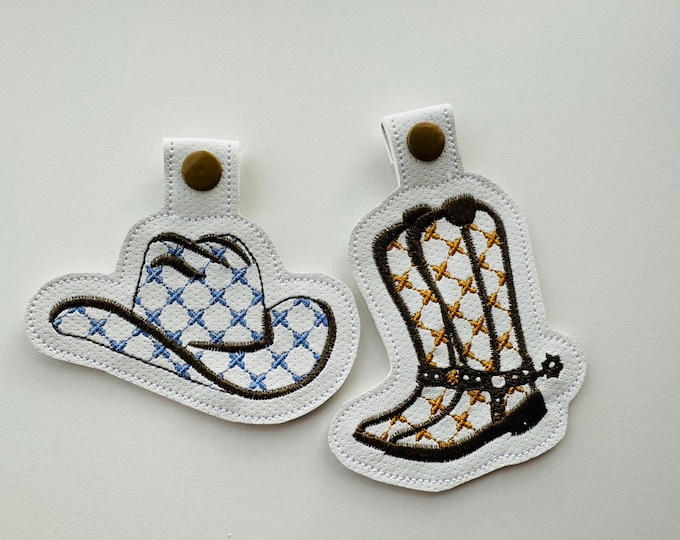 Classy Cowgirl Cowboy Boots and Hat Eyelet and key fob snap tab keychain in the hoop machine embroidery designs ITH Farm patterned gift idea